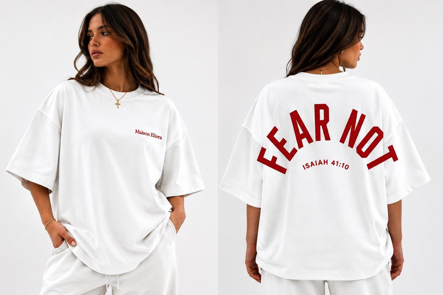 Model wearing the Maison Eliora Fear Not tee, front and back, with Isaiah 41:10 embroidered across the shoulders
