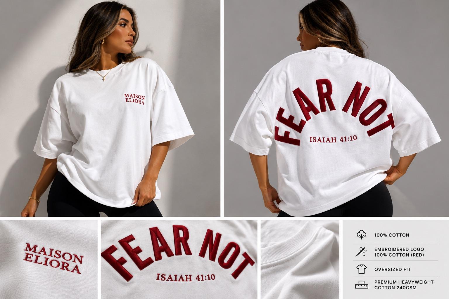 Close-up of the hand-embroidered Fear Not, Isaiah 41:10 detail on the Maison Eliora tee